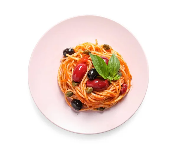 Delicious Pasta Puttanesca Basil Plate White Background — Stock Photo, Image