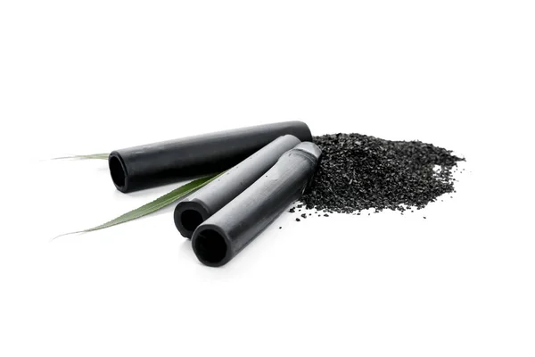 Activated Carbon Powder Black Bamboo Sticks White Background — Stock Photo, Image