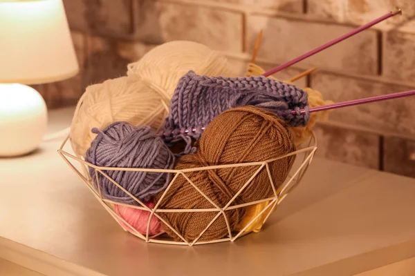 Basket Different Knitting Yarn Table Closeup — Stock Photo, Image