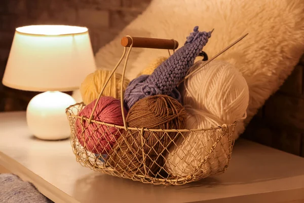 Basket Different Yarn Lamp Table Closeup — Stock Photo, Image