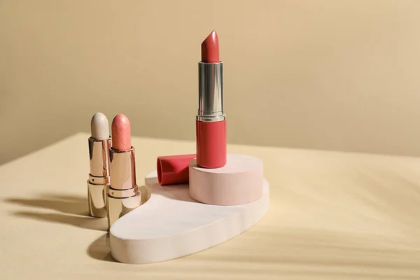 Different Lipsticks Beige Background — Stock Photo, Image