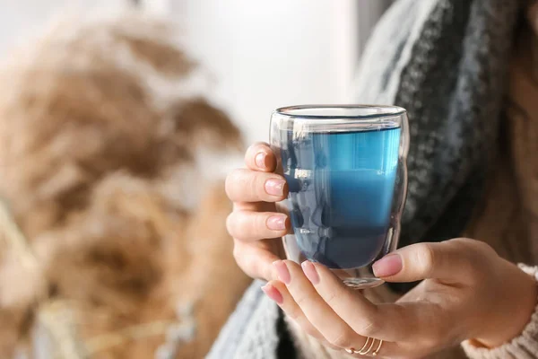 Woman Cup Tasty Blue Tea Home Closeup — Stock Photo, Image