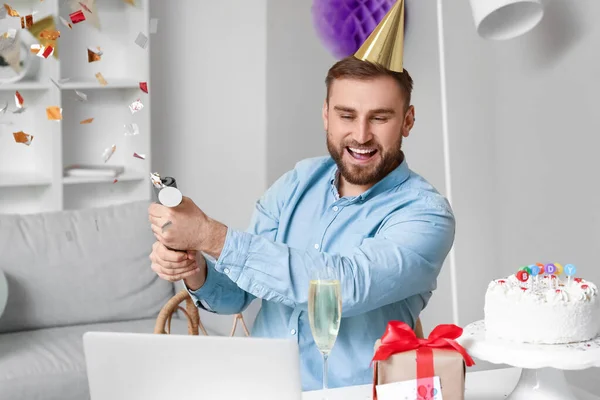 Happy Man Celebrating Birthday Home Due Coronavirus Epidemic — Stock Photo, Image