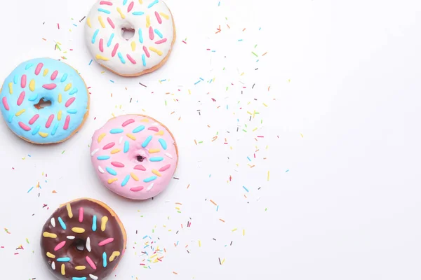 Different Delicious Donuts White Background — Stock Photo, Image