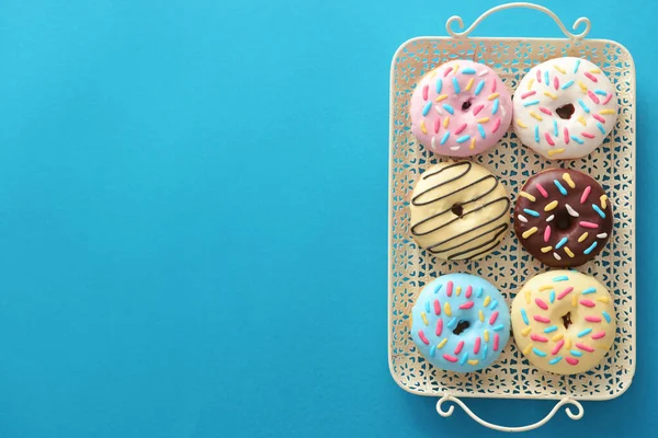 Tray Different Sweet Donuts Color Background — Stock Photo, Image