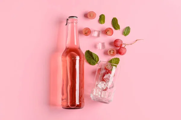 Composition Bottle Fresh Soda Pink Background — Stock Photo, Image