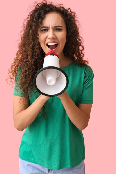 Angry Young African American Woman Shouting Megaphone Pink Background — Stock Photo, Image