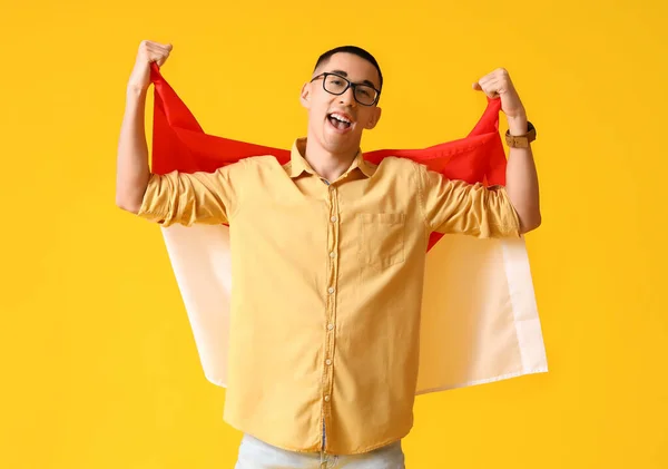 Happy Young Asian Man Eyeglasses Flag Indonesia Yellow Background — Stock Photo, Image