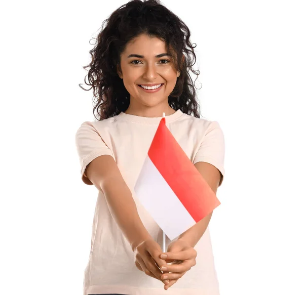 Giovane Donna Asiatica Sorridente Che Tiene Bandiera Dell Indonesia Sfondo — Foto Stock