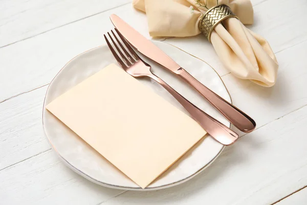 Simple Table Setting Light Wooden Background Closeup — Stock Photo, Image