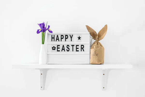 Paper Bag Bunny Board Text Happy Easter Shelf Room — Stock Photo, Image