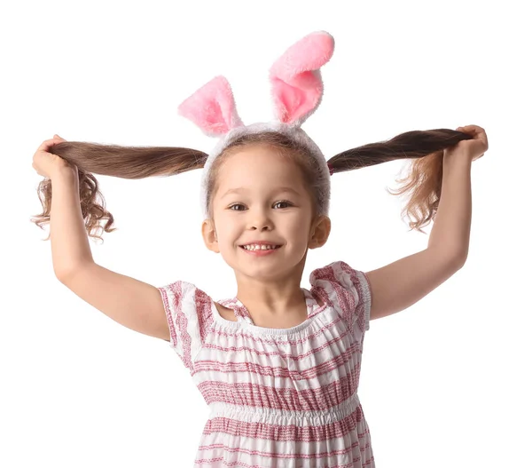 Beyaz Arka Planda Tavşan Kulaklı Sevimli Küçük Kız — Stok fotoğraf
