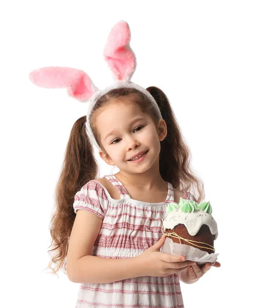 Tavşan Kulaklı Tatlı Küçük Kız Beyaz Arka Planda Paskalya Pastası — Stok fotoğraf