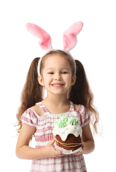 Tavşan Kulaklı Tatlı Küçük Kız Beyaz Arka Planda Paskalya Pastası — Stok fotoğraf