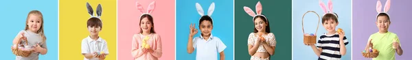 Gruppo Bambini Piccoli Con Orecchie Coniglio Uova Pasqua Sfondo Colori — Foto Stock
