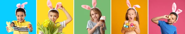 Group Little Children Bunny Ears Easter Eggs Color Background — Stock Photo, Image