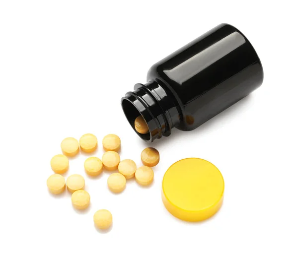 Bottle Yellow Pills White Background — Stock Photo, Image