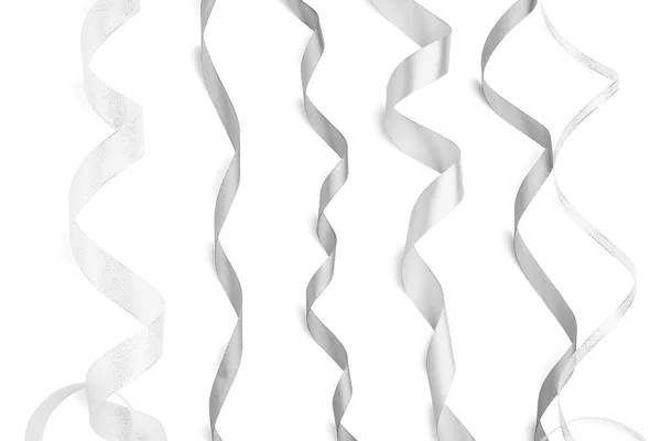 Curly Silver Ribbons White Background — Stock Photo, Image