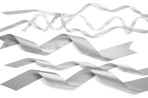 Curly Silver Ribbons White Background — Stock Photo, Image