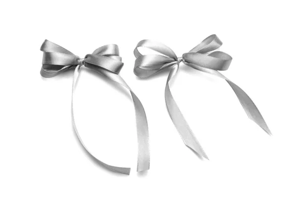 Beautiful Silver Ribbon Bows White Background — Stock Photo, Image