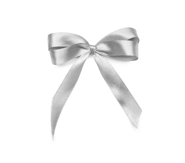 Beautiful Silver Ribbon Bow White Background — Stock Photo, Image