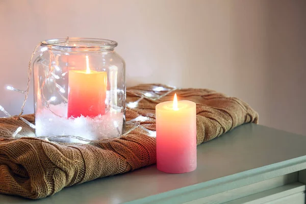 Burning Candles Jar Glowing Garland Shelf Light Wall — Stock Photo, Image