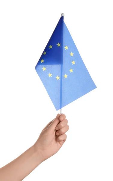 Kvinna Med Europeiska Unionens Flagga Vit Bakgrund — Stockfoto
