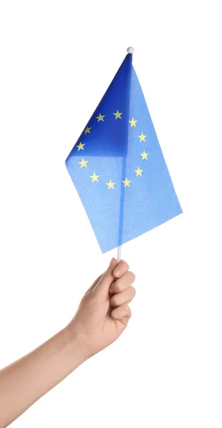 Žena Vlajkou Evropské Unie Bílém Pozadí — Stock fotografie