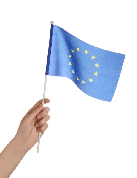 Woman Holding Flag European Union White Background — Stock Photo, Image