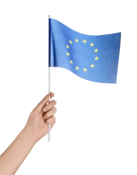 Mulher Segurando Bandeira União Europeia Fundo Branco — Fotografia de Stock