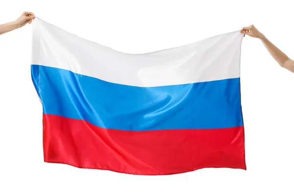 Женщины Российским Флагом Белом Фоне Крупный План — стоковое фото