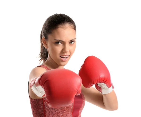 Sporty Teenage Girl Red Boxing Gloves White Background — Stock Photo, Image
