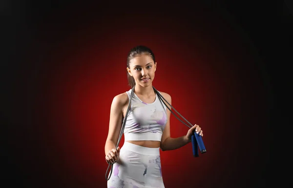 Sporty Teenage Girl Skipping Rope Dark Background — Stock Photo, Image