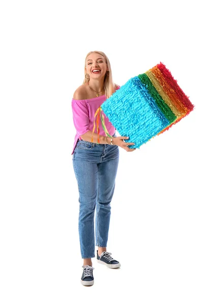 Happy Young Woman Mexican Pinata White Background — Stock Photo, Image