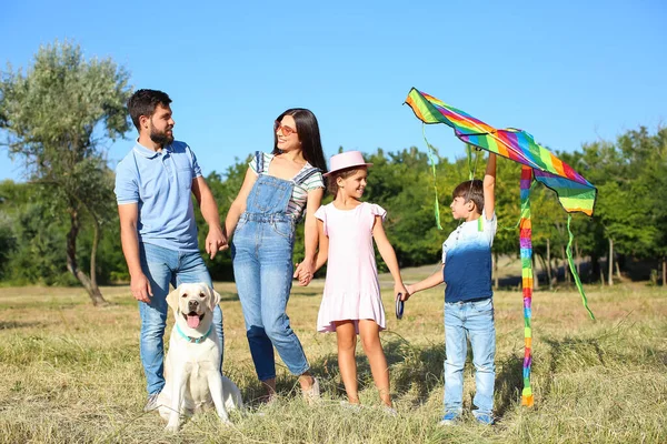 Lycklig Familj Med Söt Hund Och Drake Parken — Stockfoto