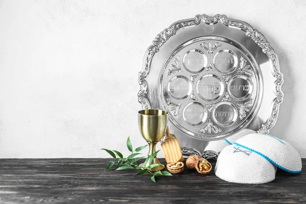 Passover Seder Plate Kippah Cup Table White Background — Stock Photo, Image