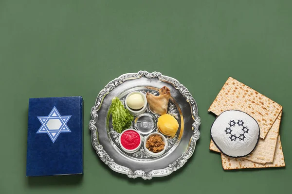 Passover Seder Plate Traditional Food Kippah Torah Color Background — Stock Photo, Image