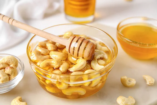 Bowl Sweet Cashew Nuts Honey Table — Stock Photo, Image