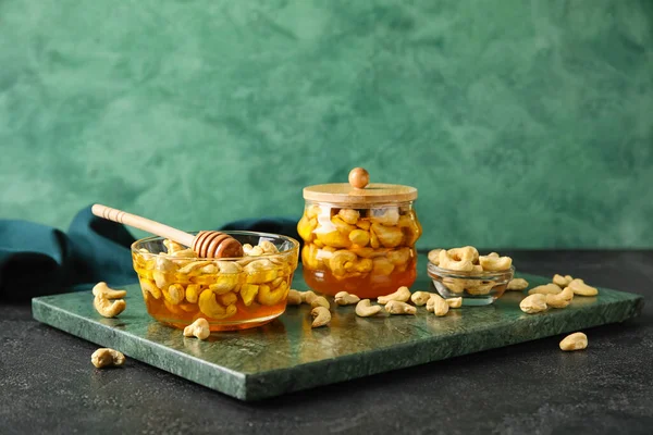 Board Sweet Cashew Nuts Honey Table — Stock Photo, Image