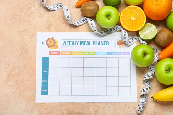 Weekly Meal Planner Different Healthy Products Beige Background — Stock Photo, Image