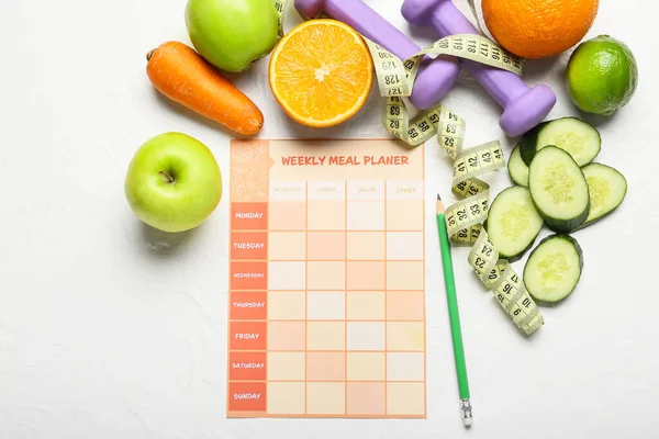 Weekly Meal Planner Different Healthy Products Light Background — Stock Photo, Image