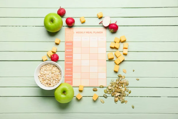 Weekly Meal Planner Different Healthy Products Green Wooden Background — Stock Photo, Image