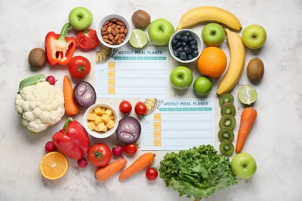 Weekly Meal Planners Different Healthy Products Light Background — Stock Photo, Image