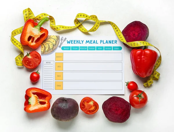 Weekly Meal Planner Different Healthy Products Light Background — Stock Photo, Image