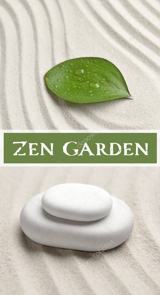 Light stones and leaf on sand in zen garden