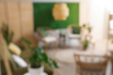 Yeşil kanepe ve sandalyeli oturma odasının bulanık görüntüsü