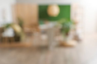 Oturma odası, sandalyeler ve ev bitkileriyle bulanık görünüyor.