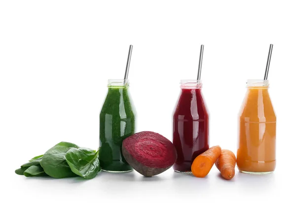 Bottles Healthy Smoothie Vegetables Fruits White Background — Stock Photo, Image