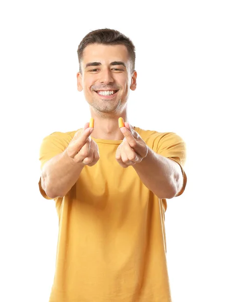 Usmívající Mladý Muž Špunty Uší Bílém Pozadí — Stock fotografie