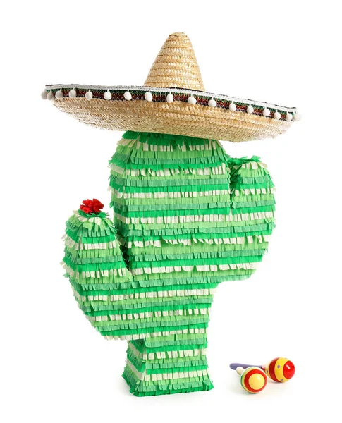 Meksika Pinyatası Beyaz Arka Planda Şapkası Marakası Olan Kaktüs Şeklinde — Stok fotoğraf